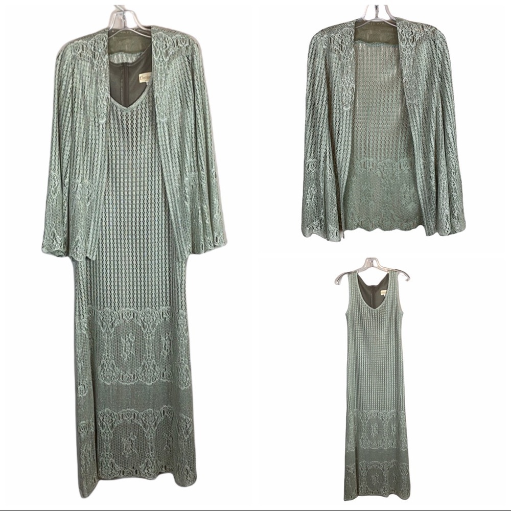 Damianou Crochet Dress‎ & Bell Sleeve Cardigan Jacket Size Small Pistachio Green